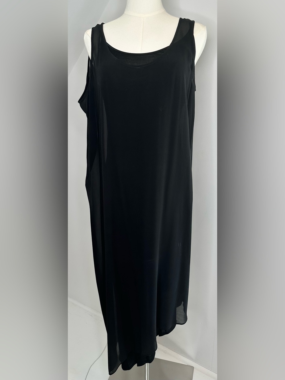 Eileen Fisher Black Sheer Overlay Sleeveless Midi Dress Modal Minimalist S